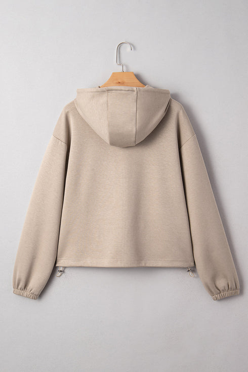 Contrast Bow Embroidered Satin Drawstring Zip Front Hooded Drop Shoulder Jacket